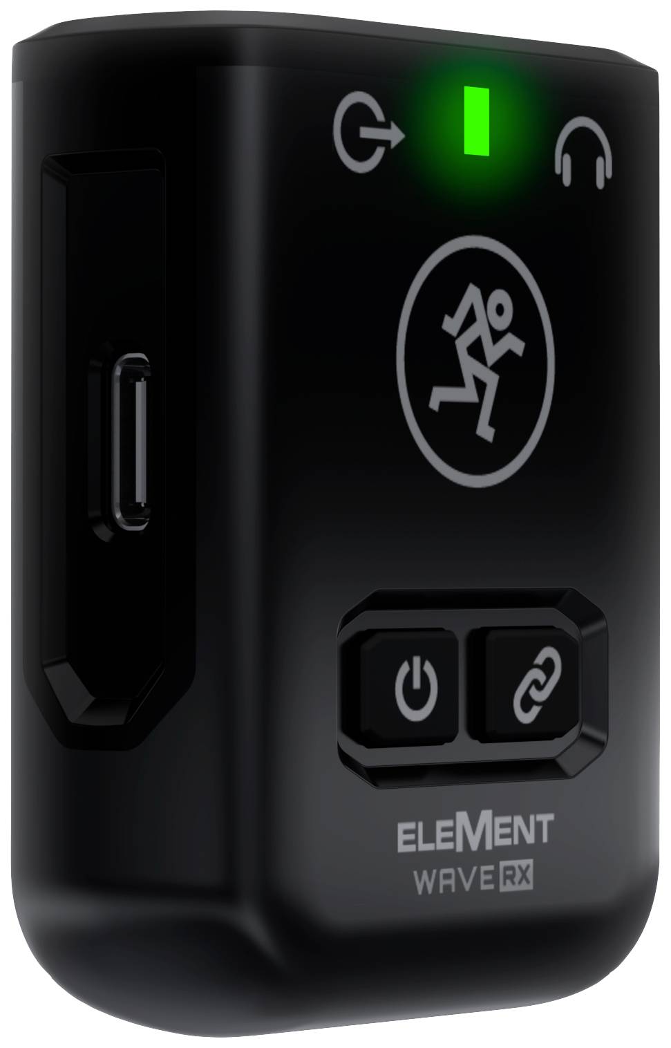 Black portable audio device with USB-C port, green LED light and control buttons; displays activity symbol on the front.