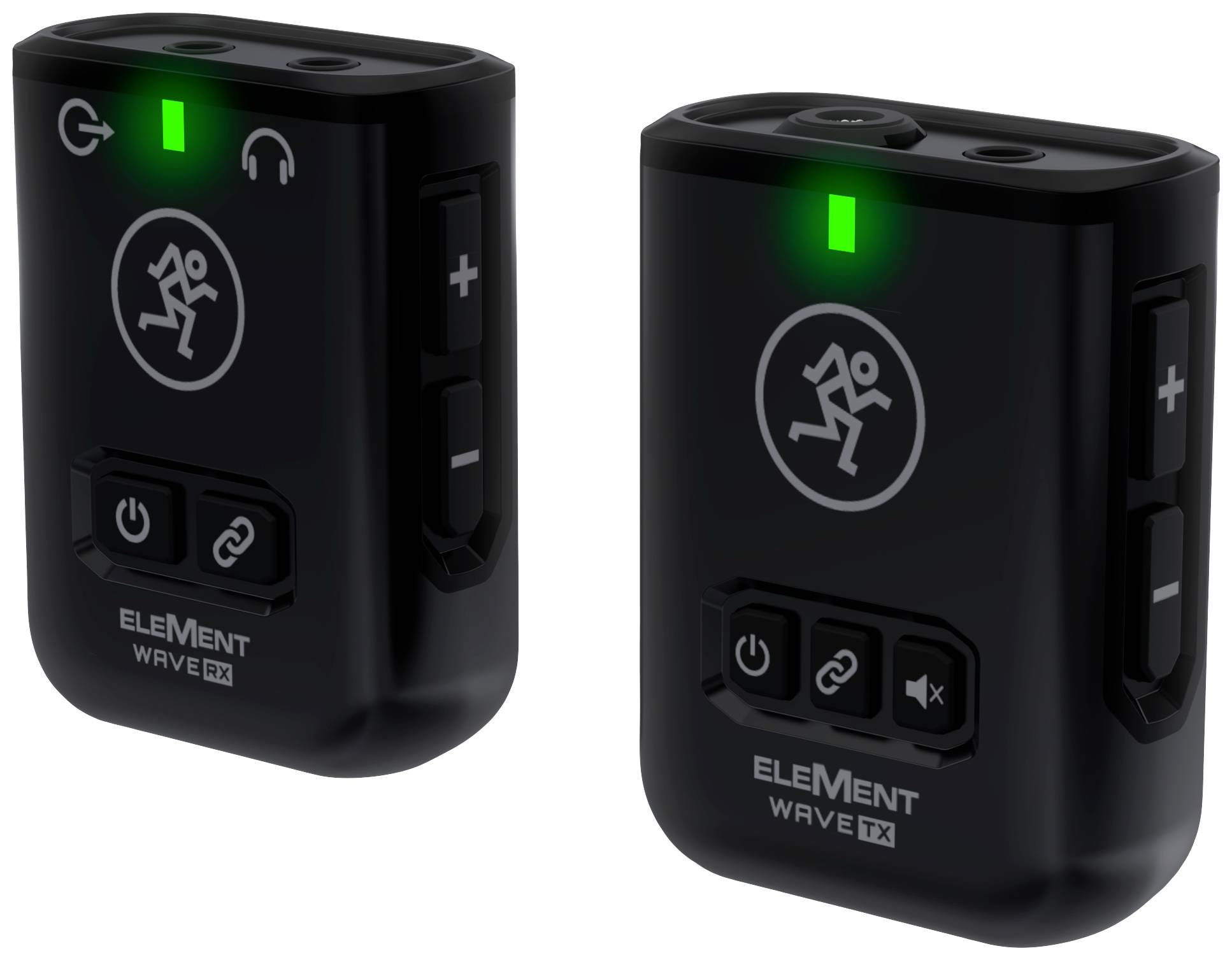 Two black wireless microphone receivers with illuminated indicators and controls for volume and connection symbols.