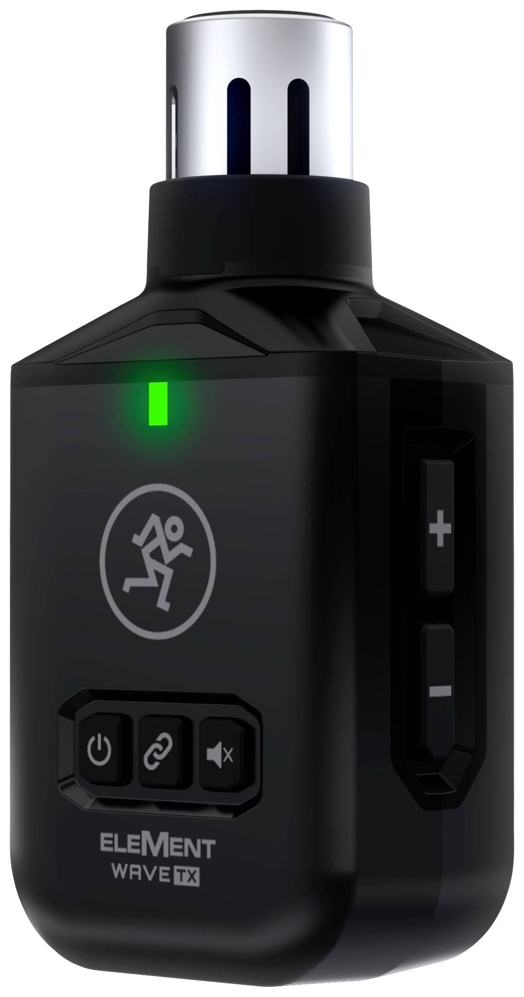 Black, rectangular device with buttons, LED display, and a symbol of a running person. Label reads: 'Element Wave TX'.