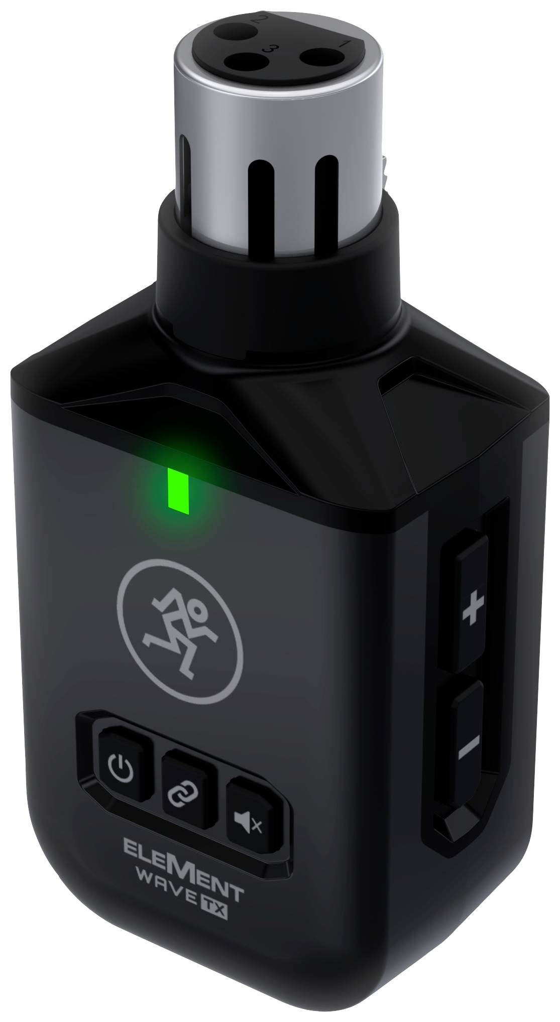Black portable microphone with control buttons and green illuminated indicator. Suitable for audio recordings and podcasts.