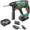 A green Bosch cordless hammer drill, Uneo Maxx model, pictured with charger and battery. Suitable for drilling and hammering.