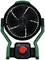 Portable, green Bosch fan with a black protective grille and red rotary knob for controlling speed settings.