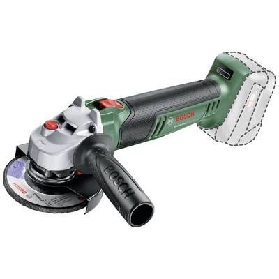 Cordless angle grinder by Bosch, with a grinding disc on the left and the battery connection on the right, without a battery inserted.