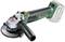 Cordless angle grinder by Bosch, with a grinding disc on the left and the battery connection on the right, without a battery inserted.