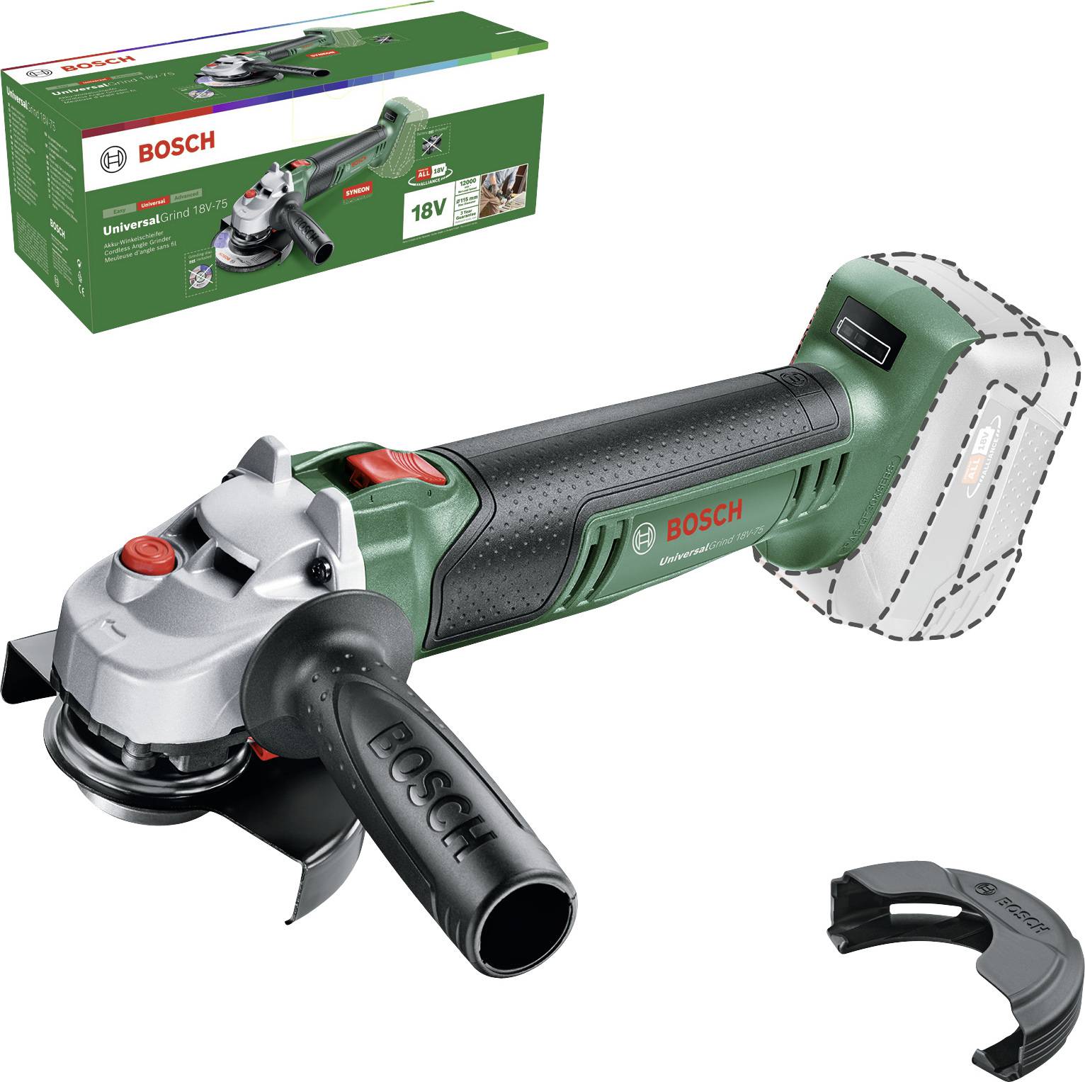 Bosch UniversalGrind 18V Angle Grinder. Pictured: Grinding tool with ergonomic handle, interchangeable battery. Included accessories. Packaging in the background.