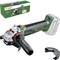 Battery-powered angle grinder by Bosch with an ergonomic handle, removable protective guard, and packaging shown in the background.