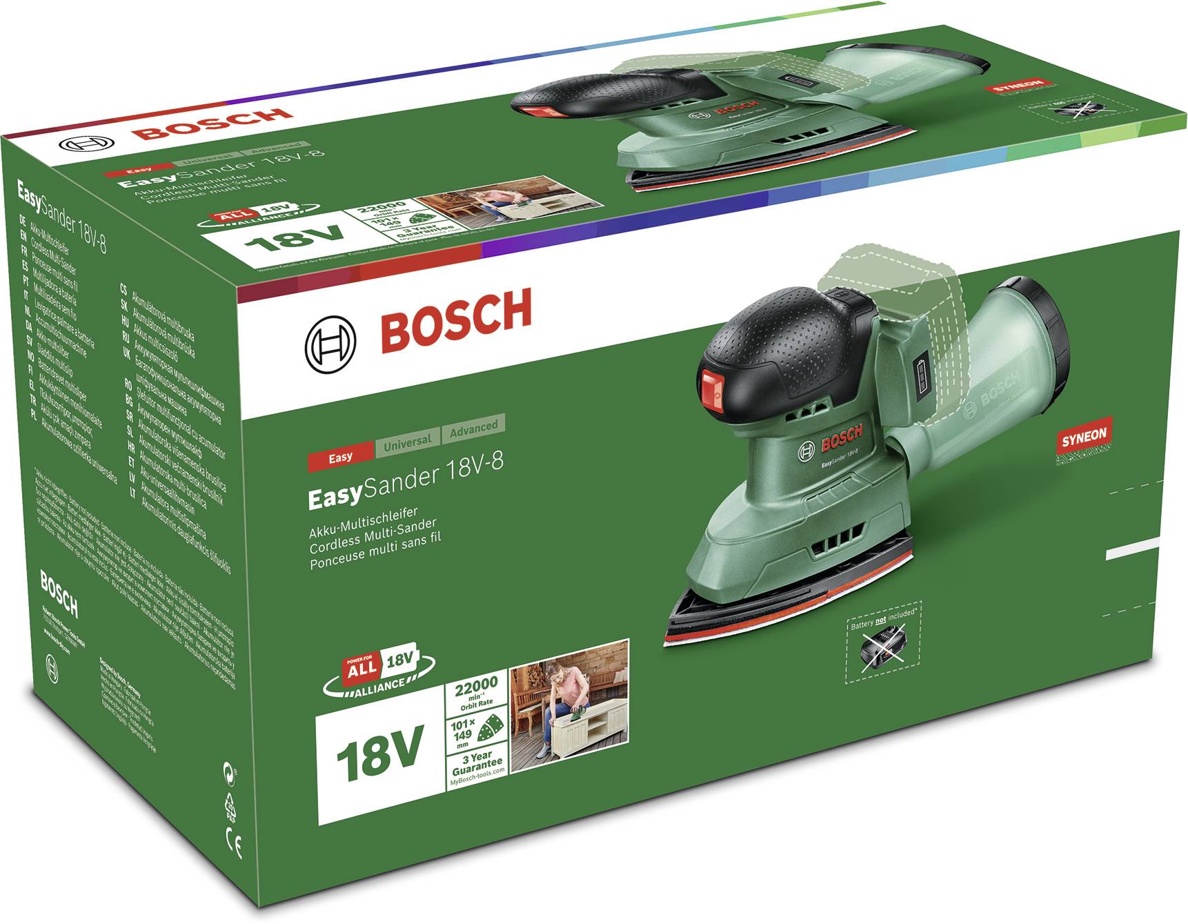 'Bosch EasySander 18V-8' multi-sander in green pictured on packaging, cordless with lithium-ion battery.