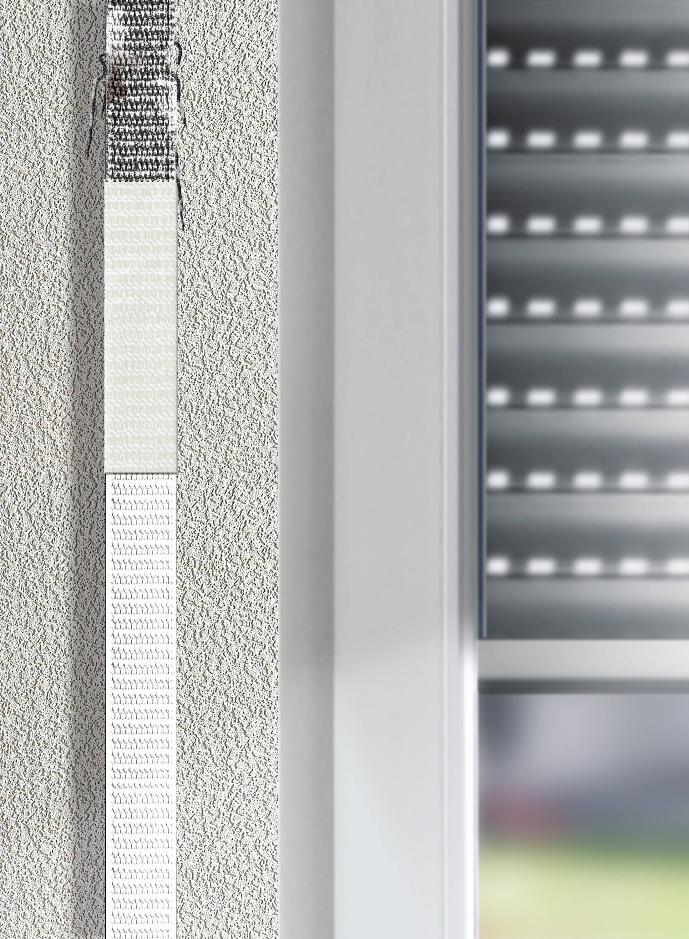 Roller blind cord next to a closed window with a lowered roller shutter. Light filters softly through the slats.