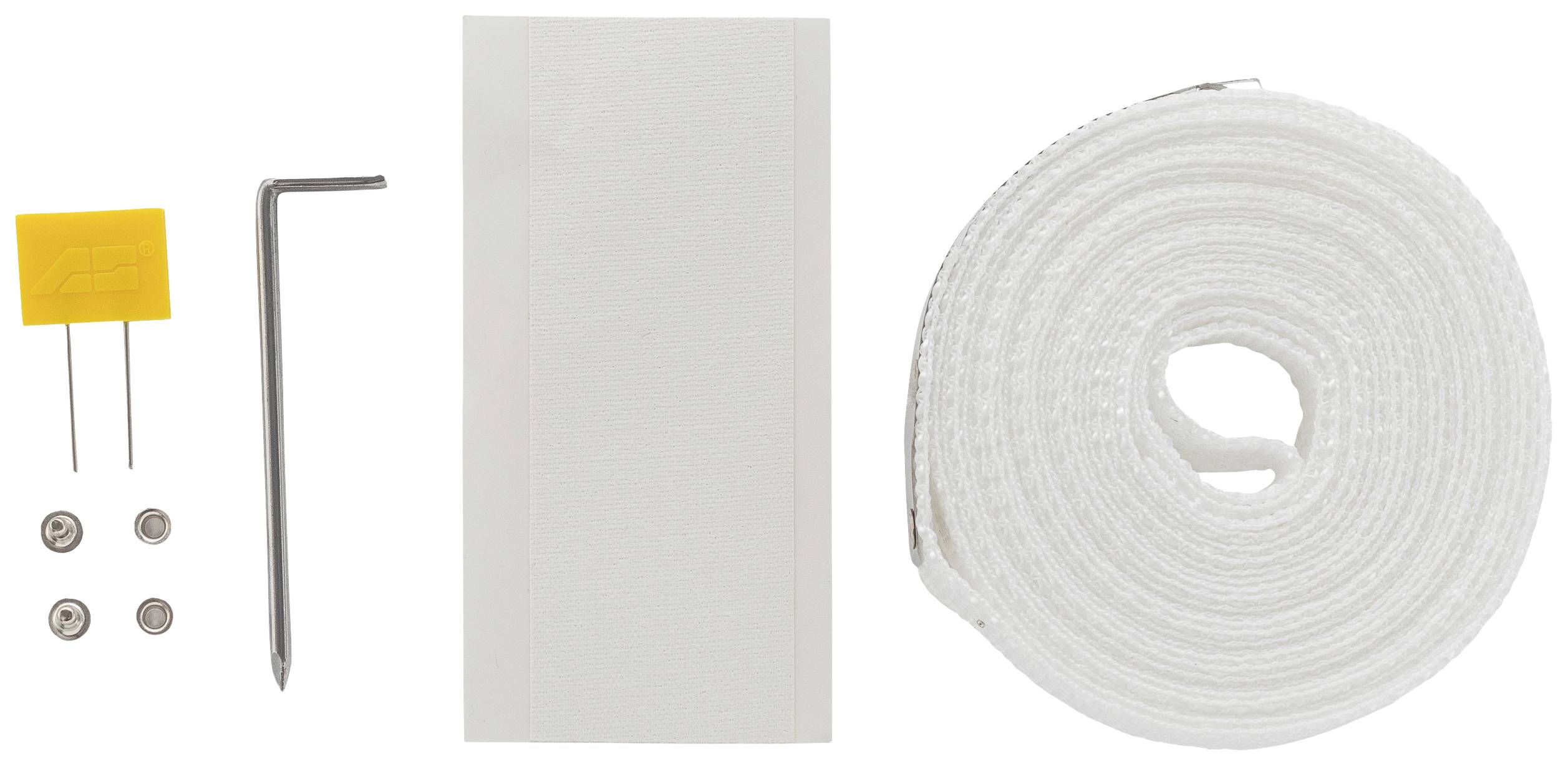 A spare parts set consisting of four metal pins, a yellow component, an Allen key, a textile rectangle, and a white fabric roll.