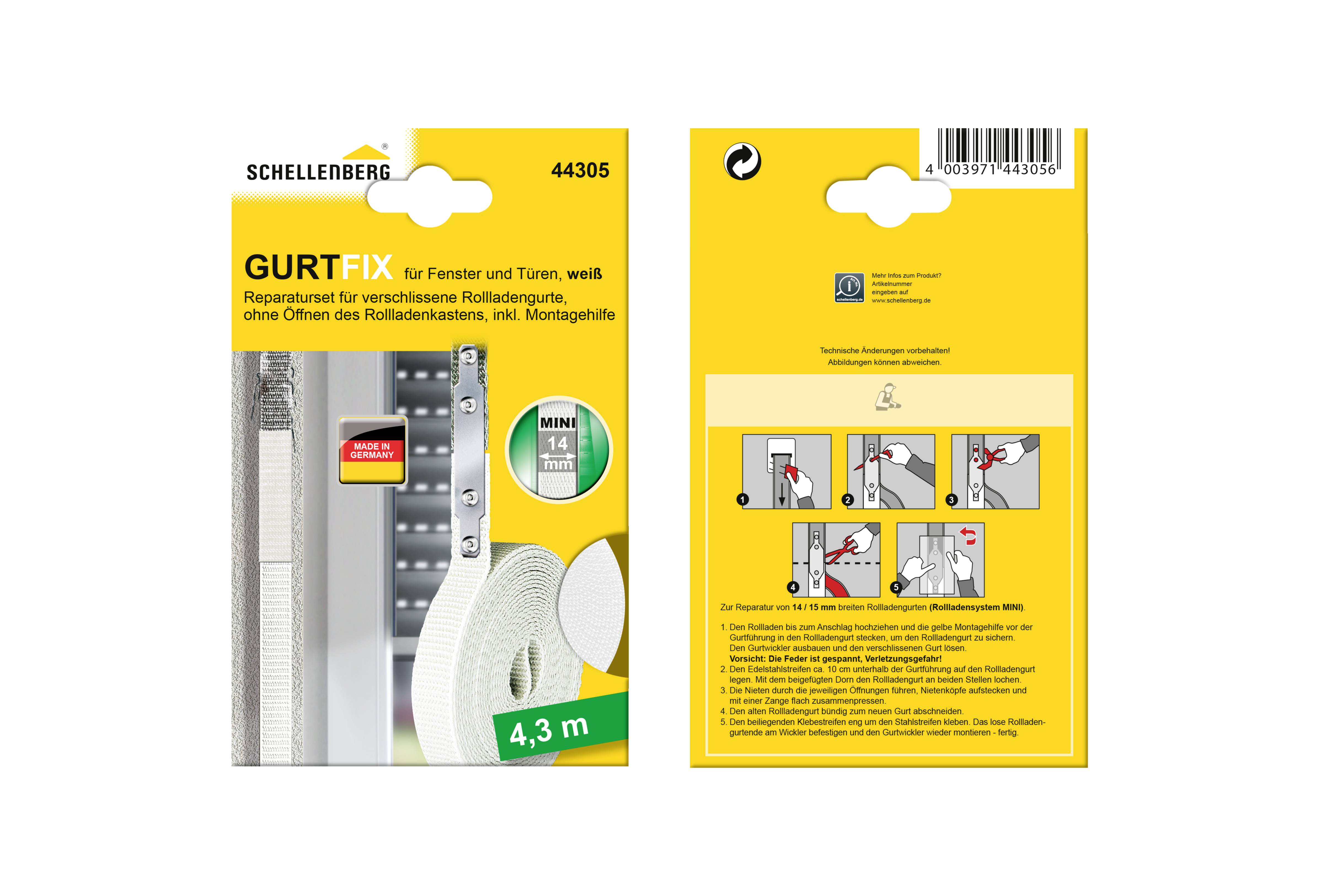 'GURTFIX for Windows and Doors, white. Repair kit for Roller Shutters, 4.3 m long. Includes Installation Instructions and Accessories.'