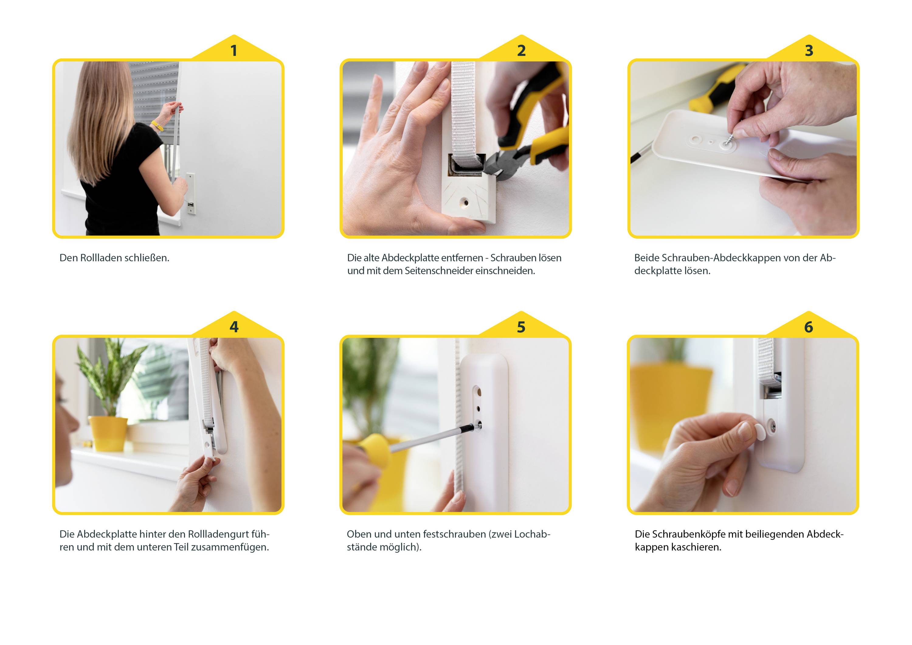 Steps for Removing and Replacing a Blind Cover. Picture sequence shows closing, removing covers, loosening screws, and securing.