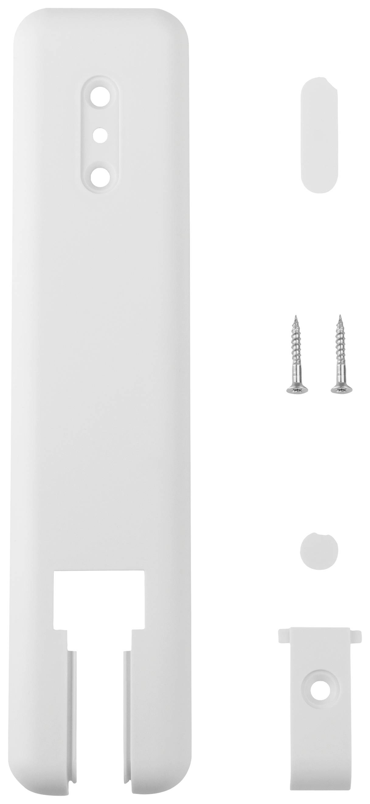 White plastic mounting bracket with screws and cover, presumably for wall mounting, shown in individual components.