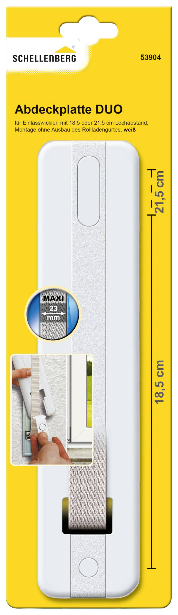 Schellenberg DUO Cover Plate, white, suitable for roller blind winders, for centre distances up to 18.5 cm or 21.5 cm. Includes mounting instructions.