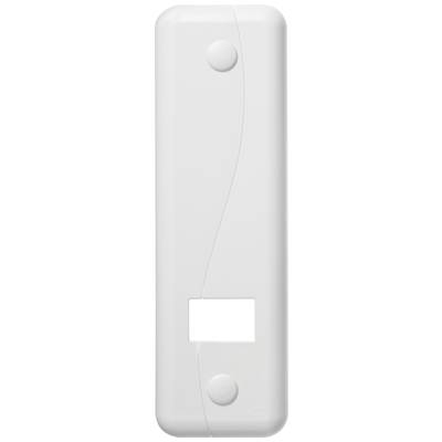 A white rectangular plastic part with a small rectangular opening in the centre and two round caps at the top and bottom.