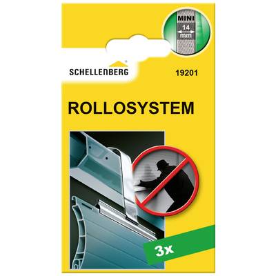 Packaging for a Schellenberg roller blind system, yellow with a product image, showing a minimum curtain thickness of 14 mm, label 'ROLLER SYSTEM', indication '3x'.