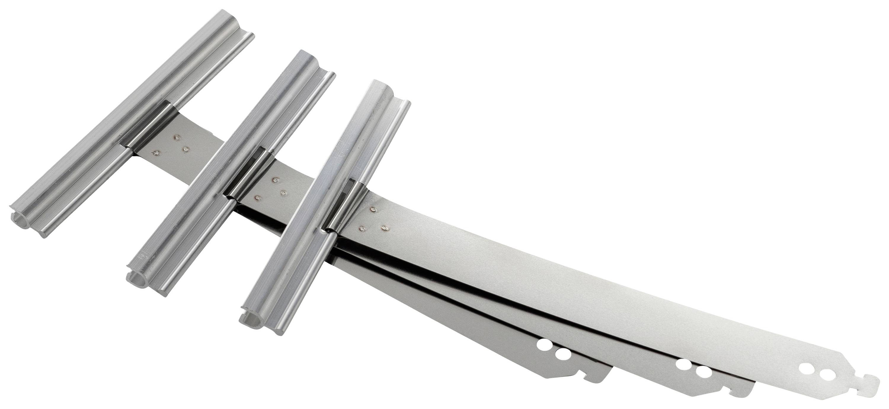 A set of three silver metal parts arranged in parallel, possibly used as components or mounting brackets.