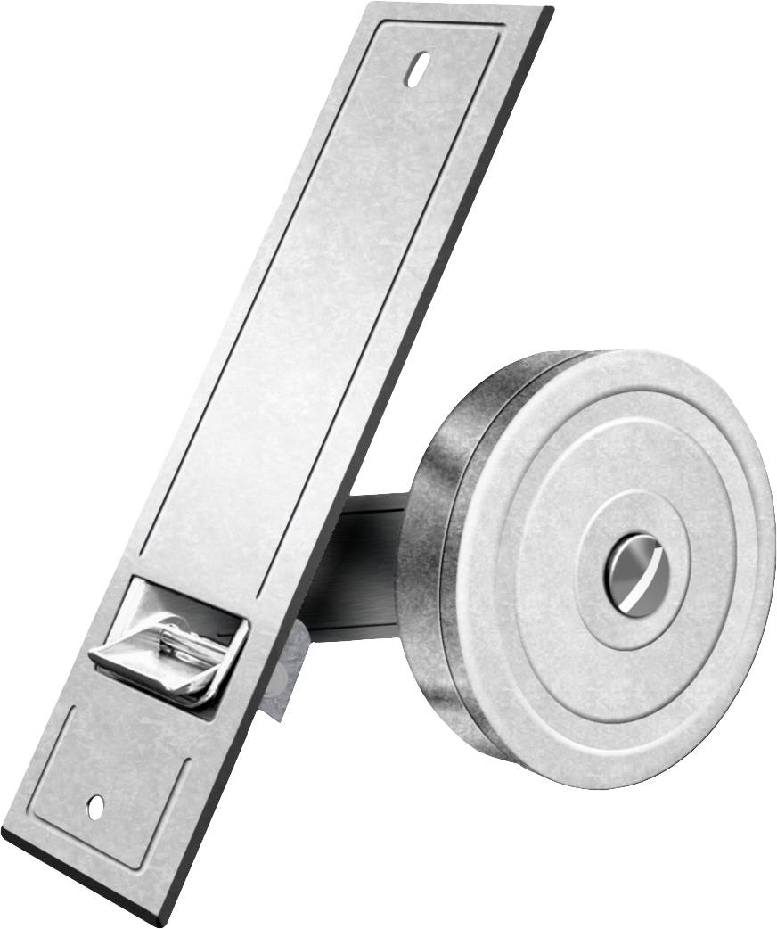 A silver magnetic catch and a metal counterplate. Primarily used for the discreet closing of doors or cabinets.