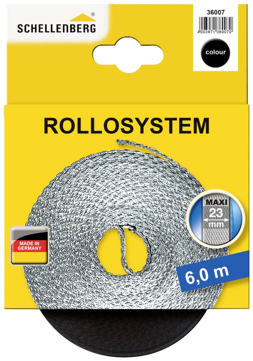 Yellow packaging design by Schellenberg: 'ROLLOSYSTEM', 6.0 m, 23 mm band width, 'Made in Germany'. Black colour field in top right corner.
