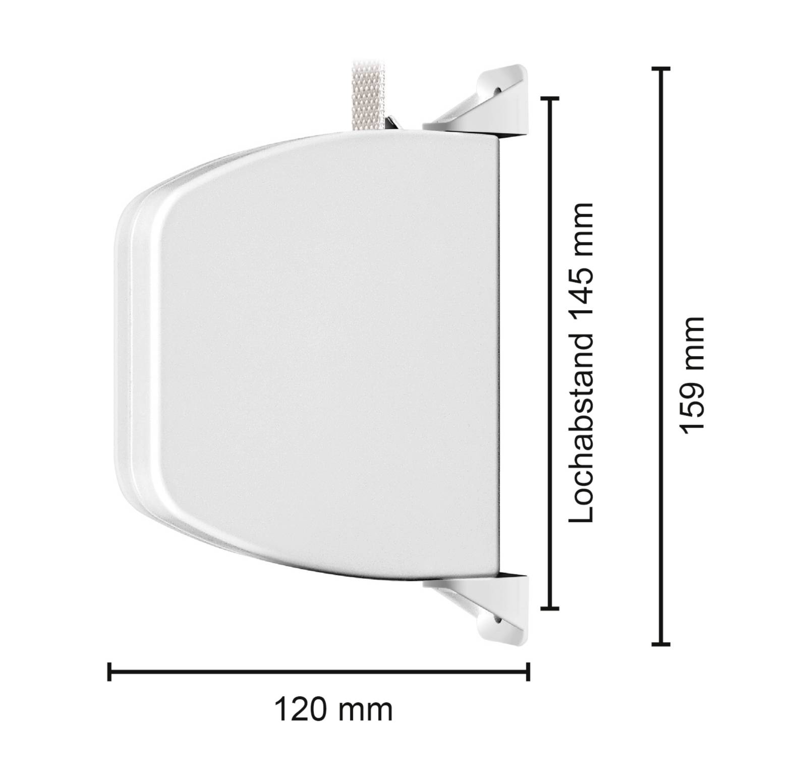 'Side view of a silver aluminium enclosure with dimensions of 120 mm width, 159 mm height and 145 mm hole spacing.'