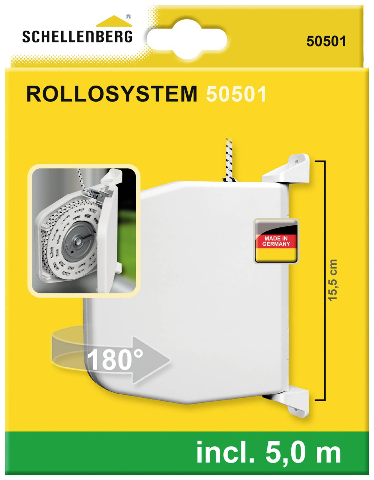 'Rollo-System 50501' packaging by Schellenberg, with product image, Made in Germany label and text 'incl. 5.0 m', shows white roller.