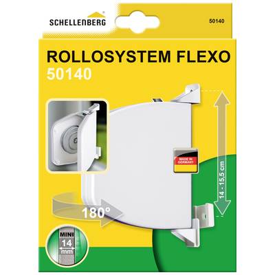 Packaging for 'RolloSystem Flexo' by Schellenberg. Shows white roller blind adapters, pivoting range 180 degrees, length 14-15.5 cm. Made in Germany.