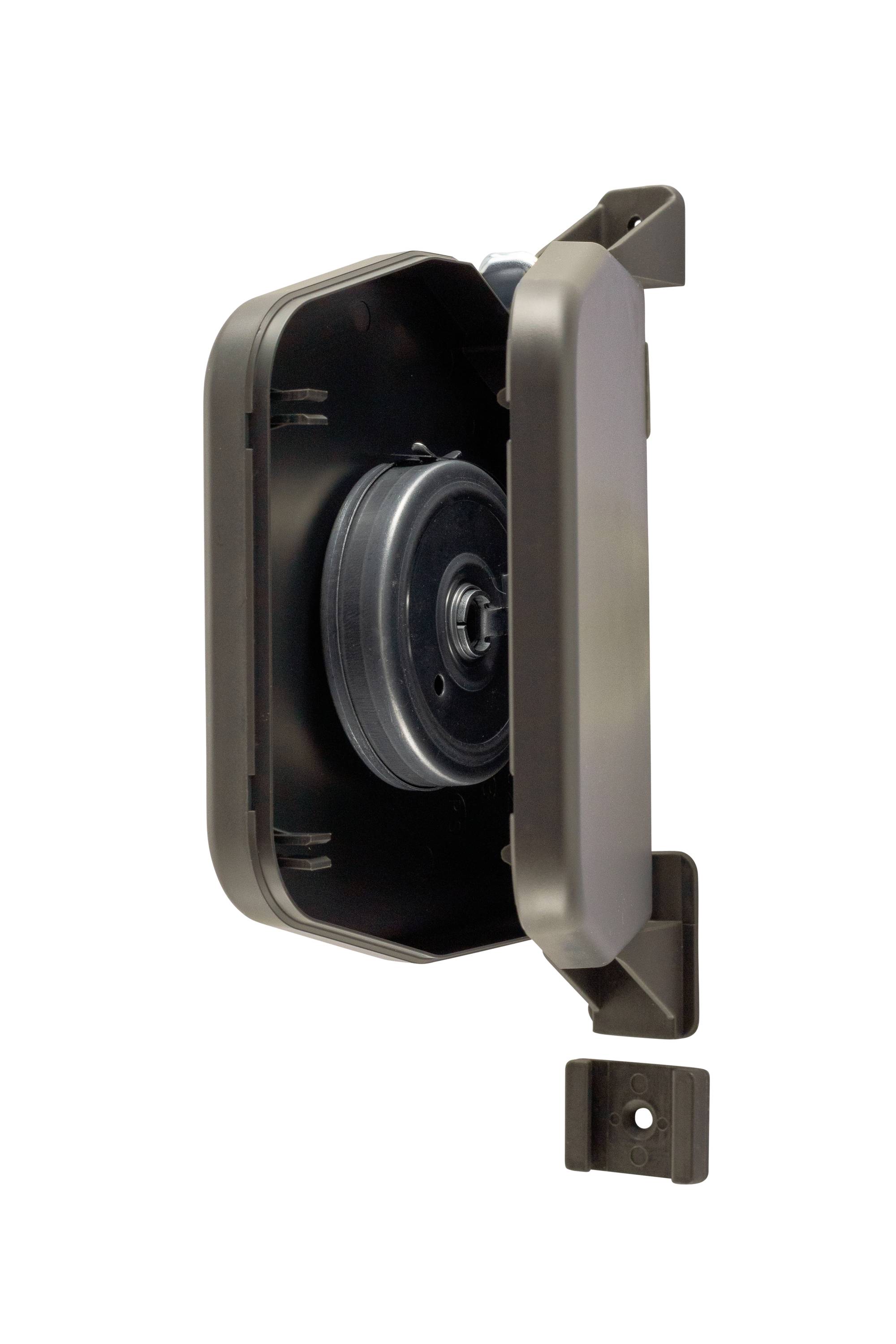 Brown plastic box with a hinged lid, showing a roll inside. The box has a wall mounting and is suitable for storage.