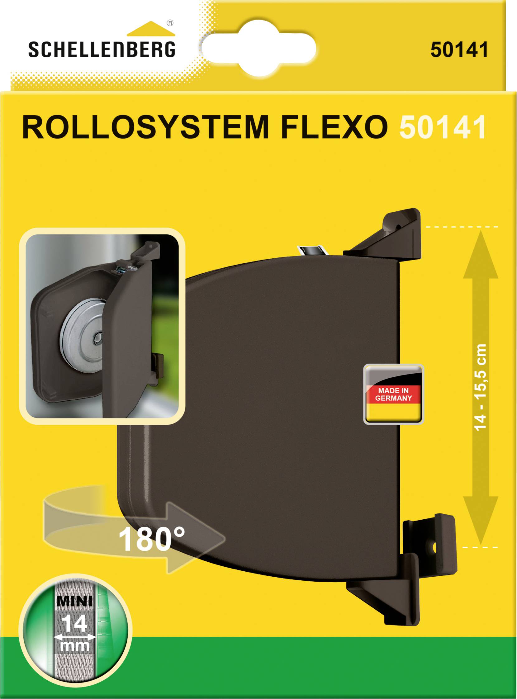'Rollosystem Flexo 50141' packaging displays brown roller system, 180-degree pivotable, for mini 14mm rolls, 'Made in Germany'.