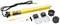 Yellow tubular motor with cable and accessories, including brackets and mounting tools, for installation in roller shutter systems.