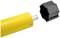 Yellow tube motor with protruding shaft, alongside a black plastic coupling used for connection.