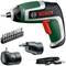 Cordless Screwdriver Set comprising a compact Bosch screwdriver with attachments, accessories and USB charging cable. Perfect for simple DIY projects.