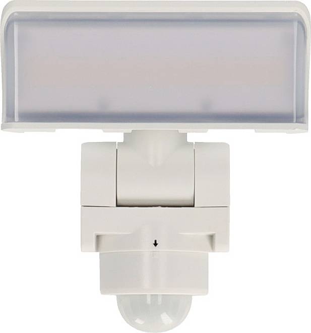 A rectangular, white LED light with a movable sensor underneath, commonly used as an outdoor light with motion detection.