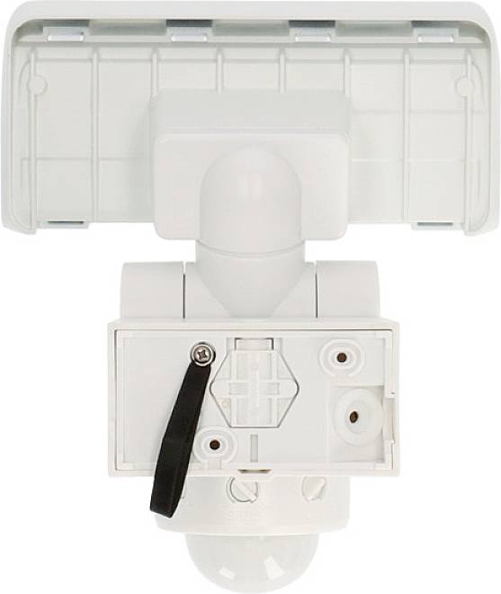A white, rectangular motion sensor, mounted on a wall bracket.
