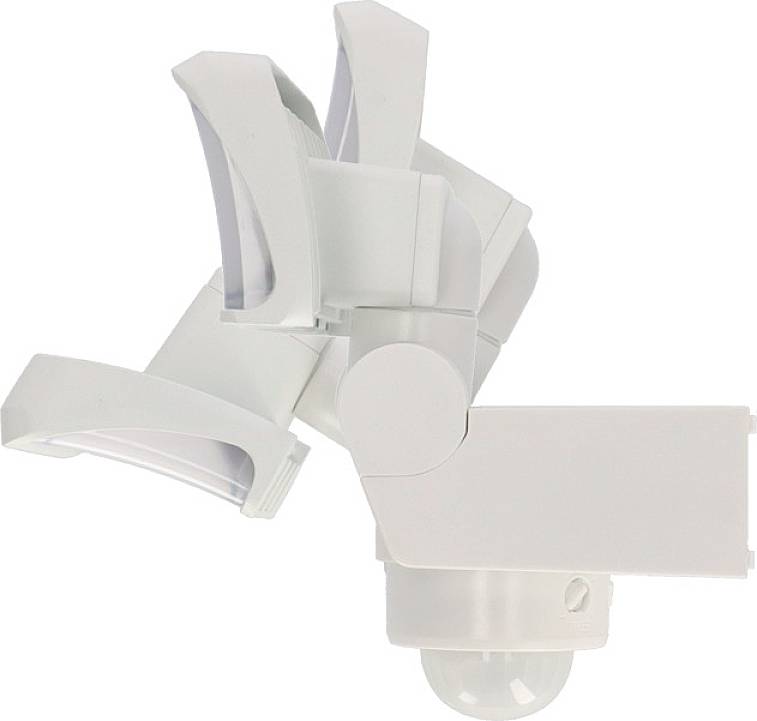 A white motion sensor with two adjustable lights facing outwards. Suitable for outdoor security lighting.