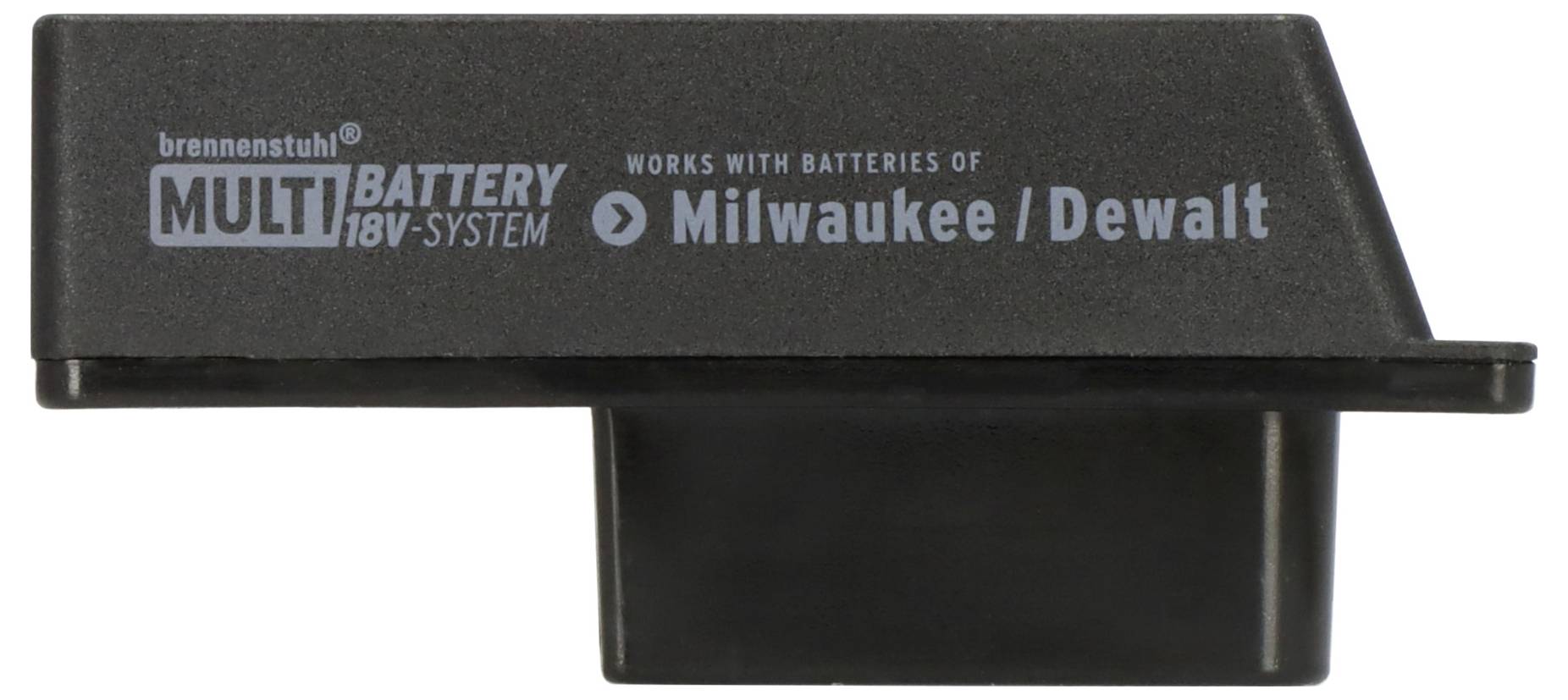 Black battery adapter labeled 'brennenstuhl MULTI BATTERY 18V-SYSTEM' and 'Works with batteries of Milwaukee/Dewalt'.
