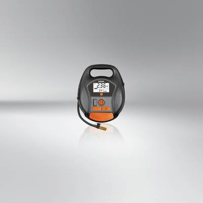 Portable digital tyre pressure gauge on a grey background, displaying a tyre pressure of 2.36 bar, with orange accents and cable.