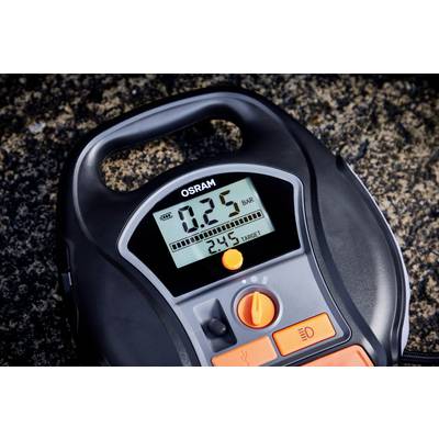 Portable, digital tyre pressure gauge from OSRAM displays 0.25 bar; target value 2.45 bar. Device is placed on a granite surface.<br><br>Note: I used the British spelling of "tyre" and maintained the original punctuation and technical specifics.