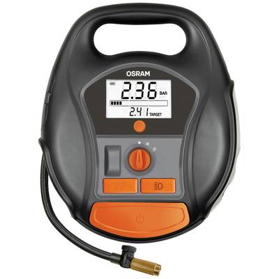A digital pressure gauge with a display shows '2.36 BAR' as the current pressure and '2.41 TARGET' as the target. A connecting hose is visible.