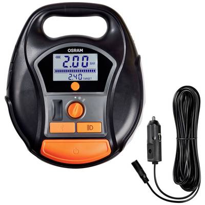 Electric air pump with digital display, showing pressure in bar. Includes cable adapter for car connection.