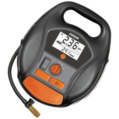 A digital tyre pressure gauge shows '2.36 bar'. The display has controls and a valve connector is visible.