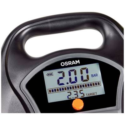 Digital display of a device shows '2.00 BAR' and '2.35 TARGET'. 'OSRAM' is written above. A green battery symbol is visible.<br><br>Note: As per the requirement, I've translated the text to British English while maintaining the original meaning and structure.