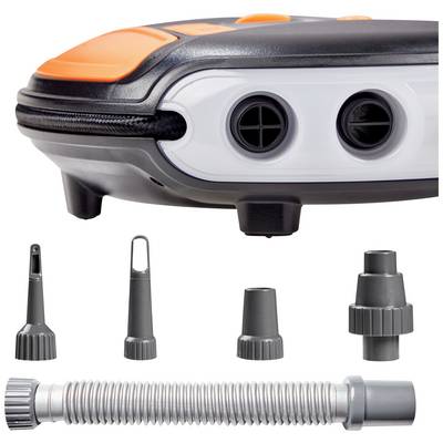 A portable air compressor with multiple nozzle attachments and a flexible hose, suitable for inflating various items.