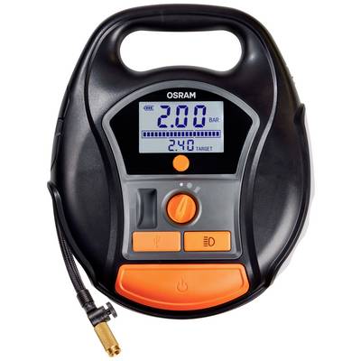 Portable electric compressor with digital display showing '2.00 bar'. Control buttons for pressure regulation and lighting. Ideal for inflating tyres.