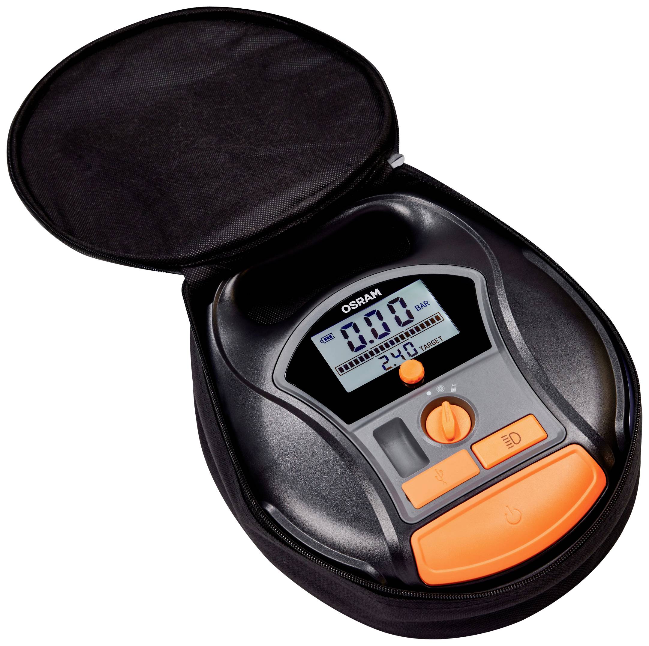 A black tyre compressor in a bag. The display shows '0.0' bar. Underneath are orange control buttons.