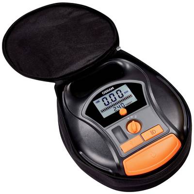 A black tyre compressor in a bag. The display shows '0.0' bar. Underneath are orange control buttons.