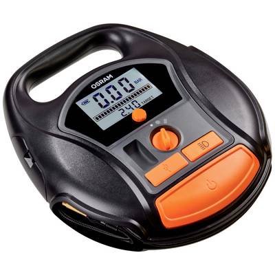 Portable air compressor by Osram with digital display, pressure gauge in bar, auto shut-off function, orange control buttons and carry handle.