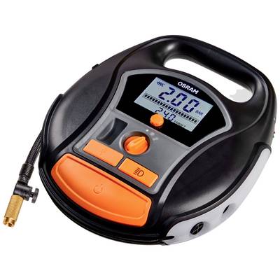 Portable digital tyre pressure gauge with LCD display, orange and black casing, flexible hose, and valve connector.