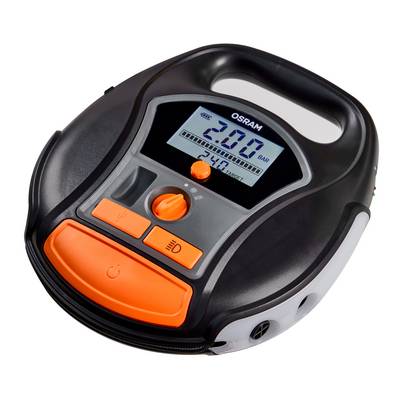 A digital tyre pressure compressor with display screen shows '2.00 BAR'. Device has a handle and buttons for functions.