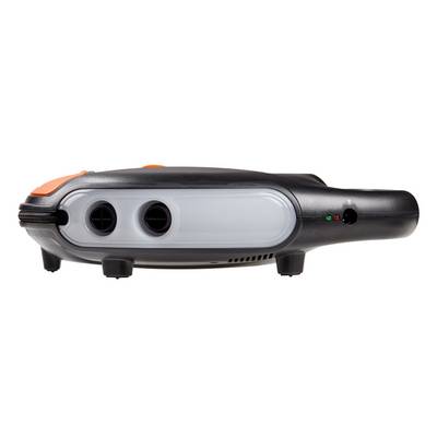 Black and white device with two round outlets and a light indicator on the right side. Device is positioned horizontally.