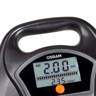A digital tyre pressure gauge shows 2.00 bar. The brand 'Osram' is displayed at the top.