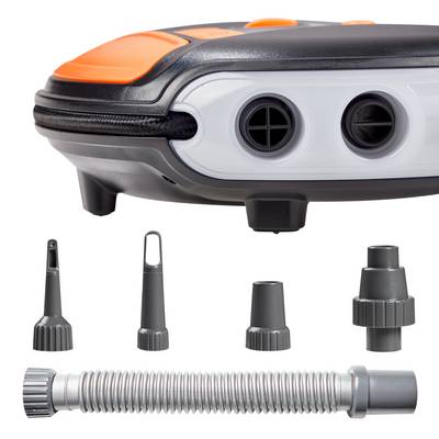 Electric air pump with various nozzles and a flexible hose, suitable for inflating air mattresses and tyres.